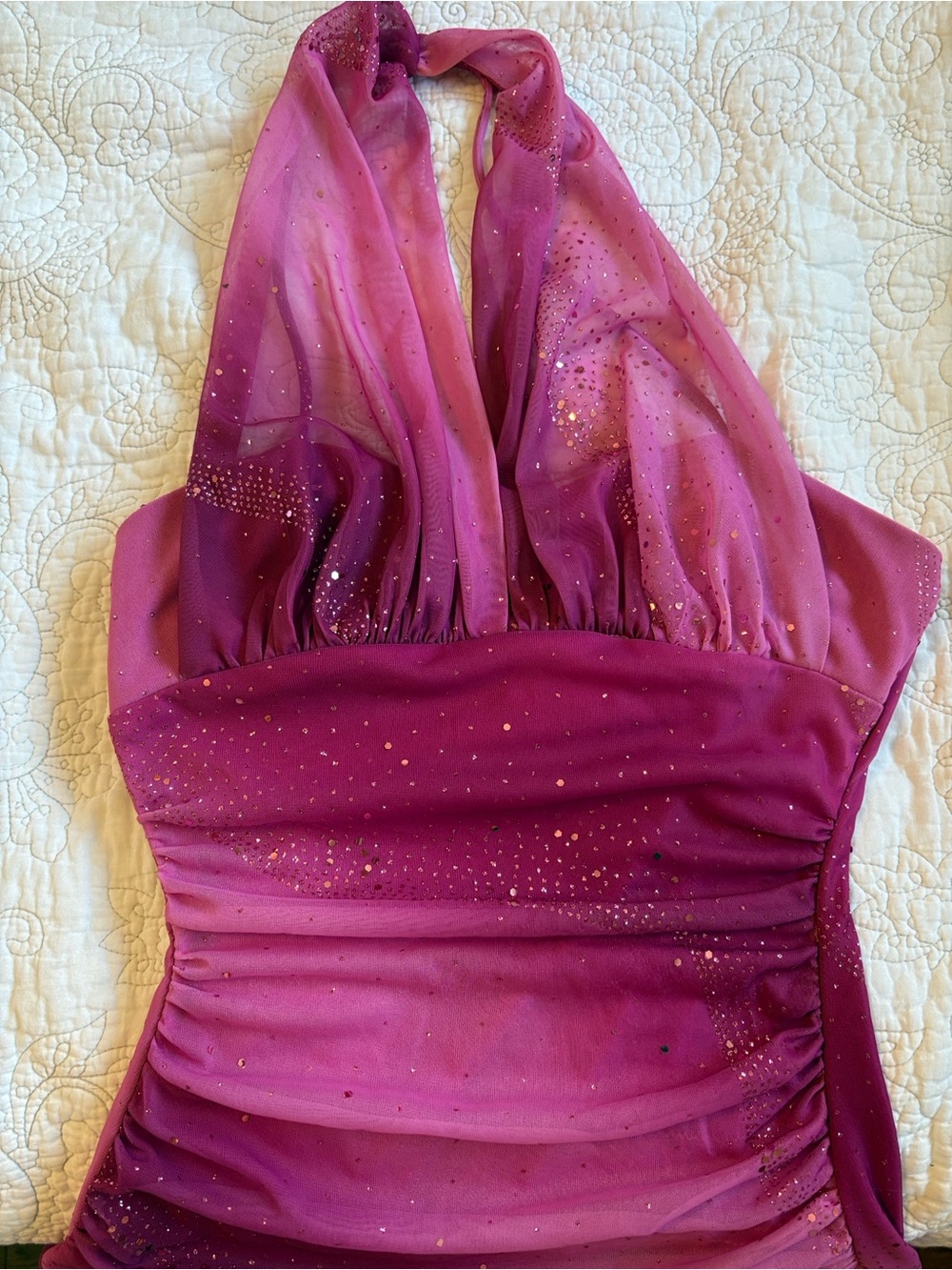 ❣️True Y2K Fuchsia and Pink Halter Ruched Evening Dress with Sparkles